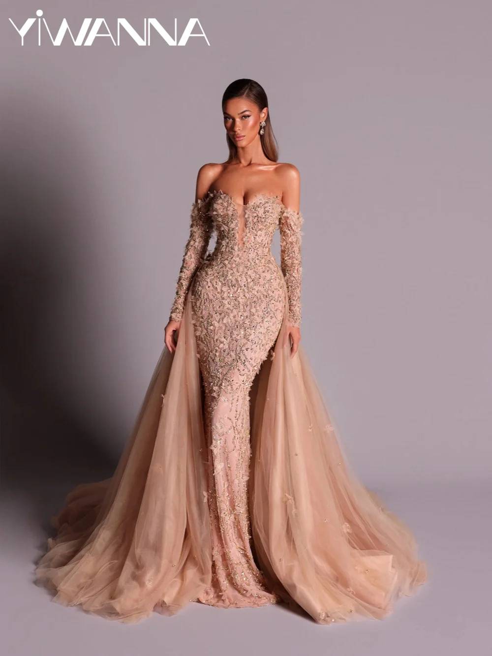 Stunning Crystal 3D Flower Evening Dress With Overskirt Off Shoulder Wedding Party Gown Customized Floor-length Prom Dresses