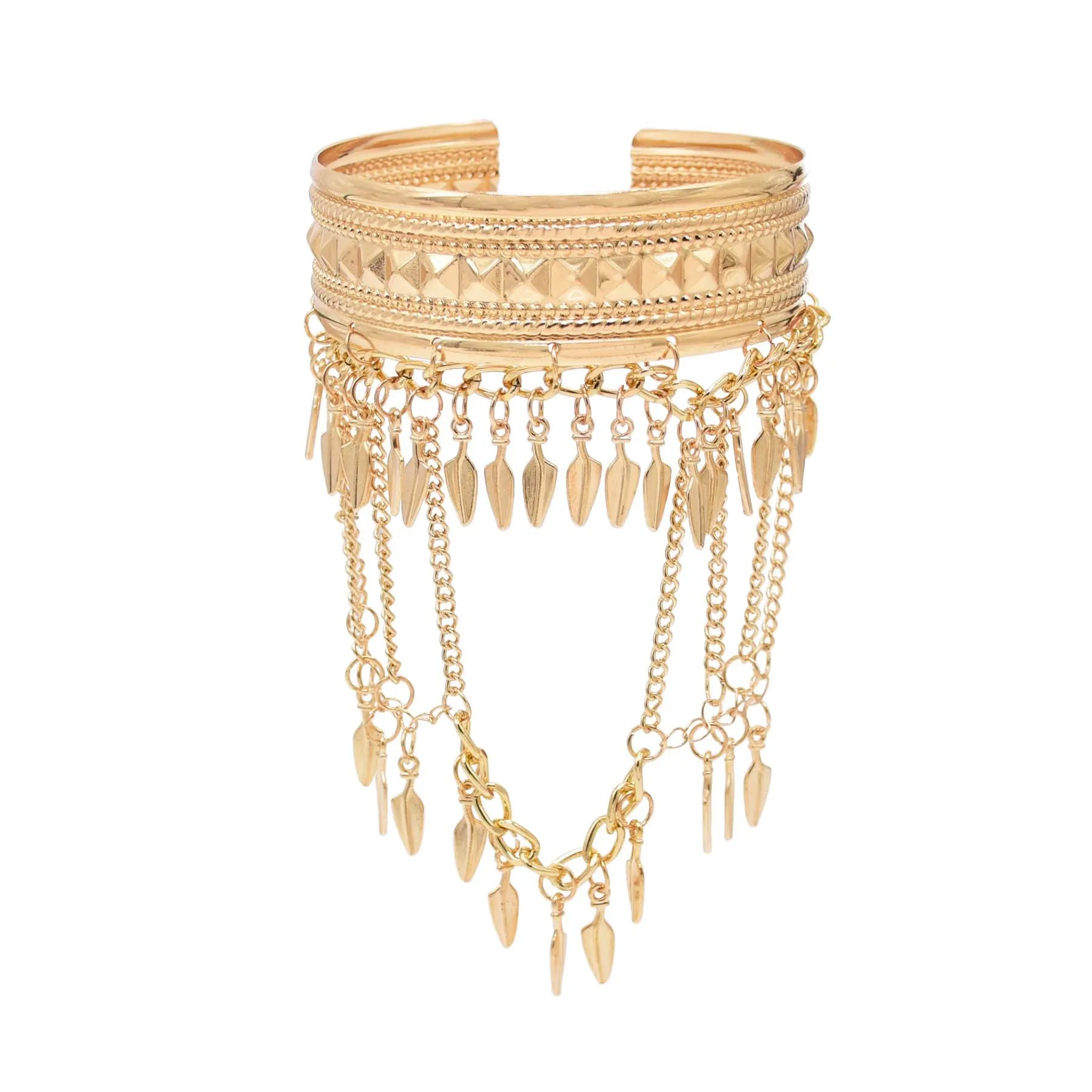 Punk Gold Silver Leaf Long Chains Tassel Open Arm Bracelet for Women