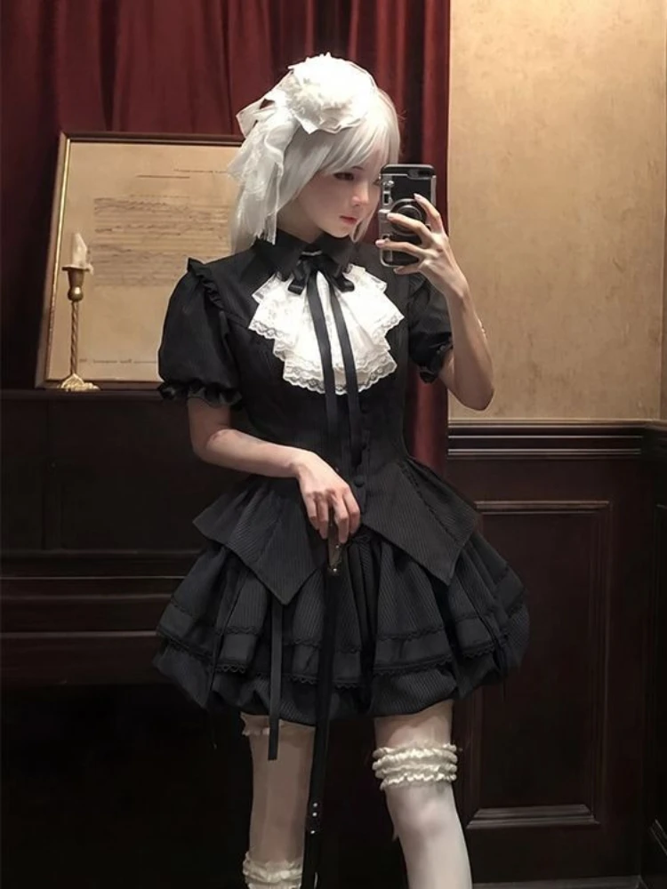 

Gothic Lolita 2 Piece Set Black And White Puff Sleeve Bow Lace Striped Blouse Tiered Mini Skirt Women Girls Cosplay Party Outfit