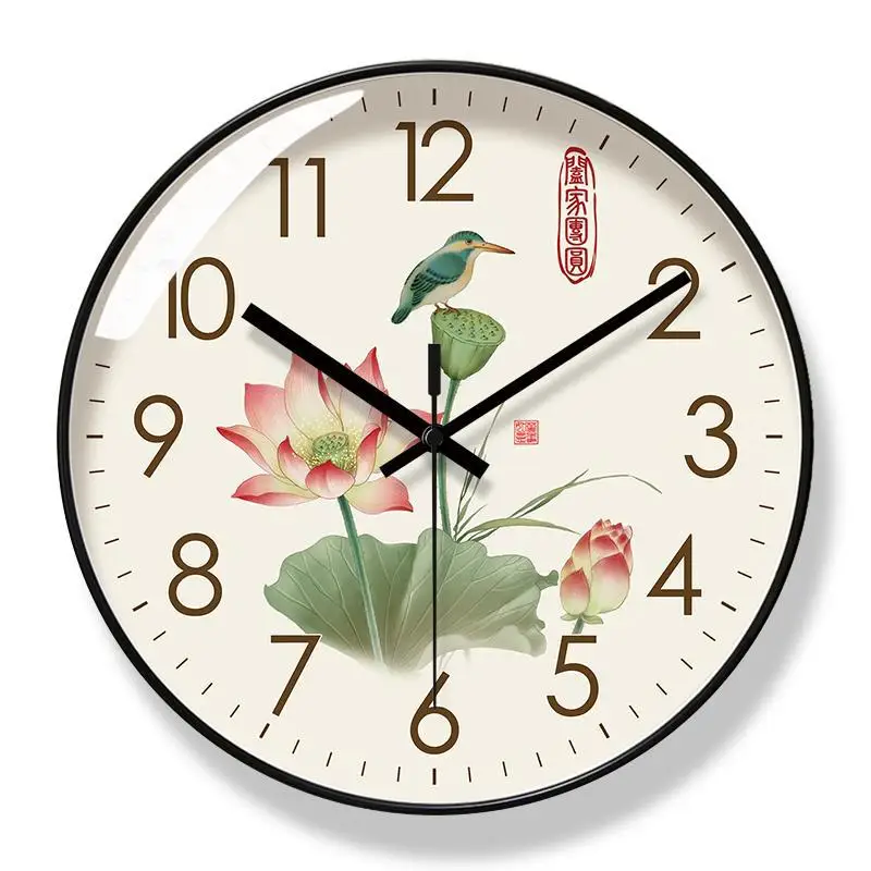 2025 New 10/12/14-inch Chinese Style Lotus Wall Clock Family Reunion Living Room Home Decor Silent Sweep Second Quartz Clock