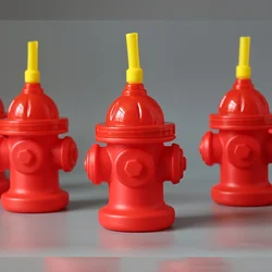 4pcs Red Fire Hydrant Straw Cups with Leak -  Party Cups for  Firefighter Birthday Celebrations and Fireman Themed Events