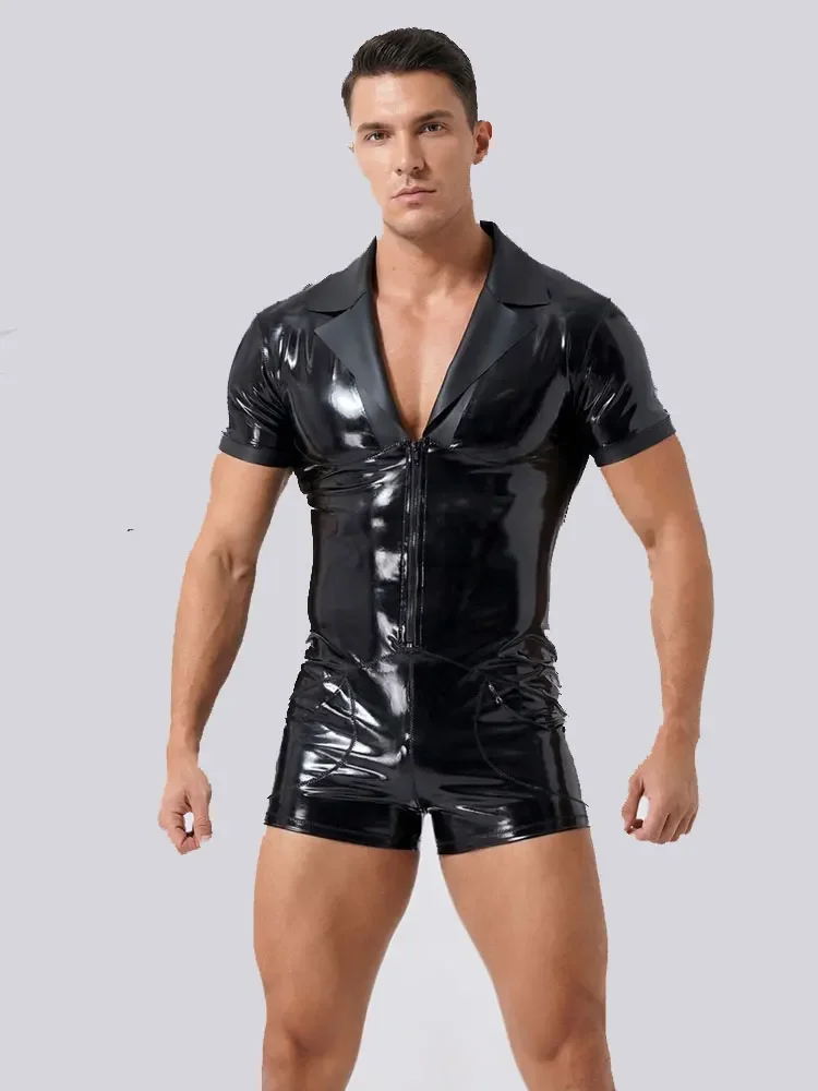 

Мужской комбинезон с V-образным вырезом, сексуальный, из блестящей искусственной кожи (ПВХ/ПУ), облегающий, для сцены, корректирующий, для танцев, с коротким рукавом, леотард