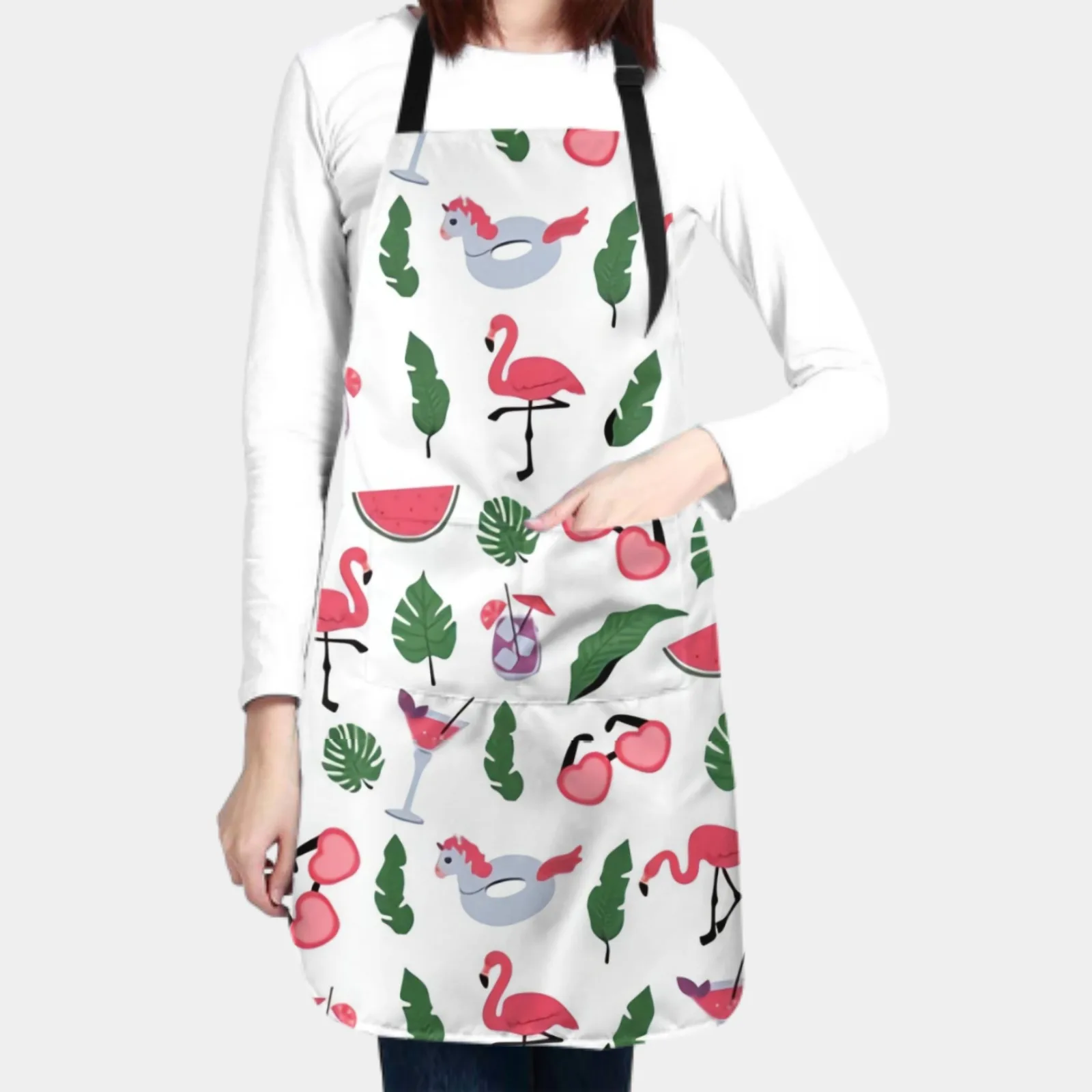 Cartoon Flamingo Waterproof Apron with 2 Pockets Kitchen Chef Apron  Apron for Hair Brushing Cooking Baking Painting Gardening