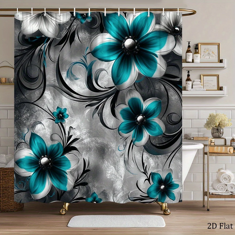 turquoise floral shower curtain black vine accents textured gray background polyester with 12 hooks  Elevate Your Space