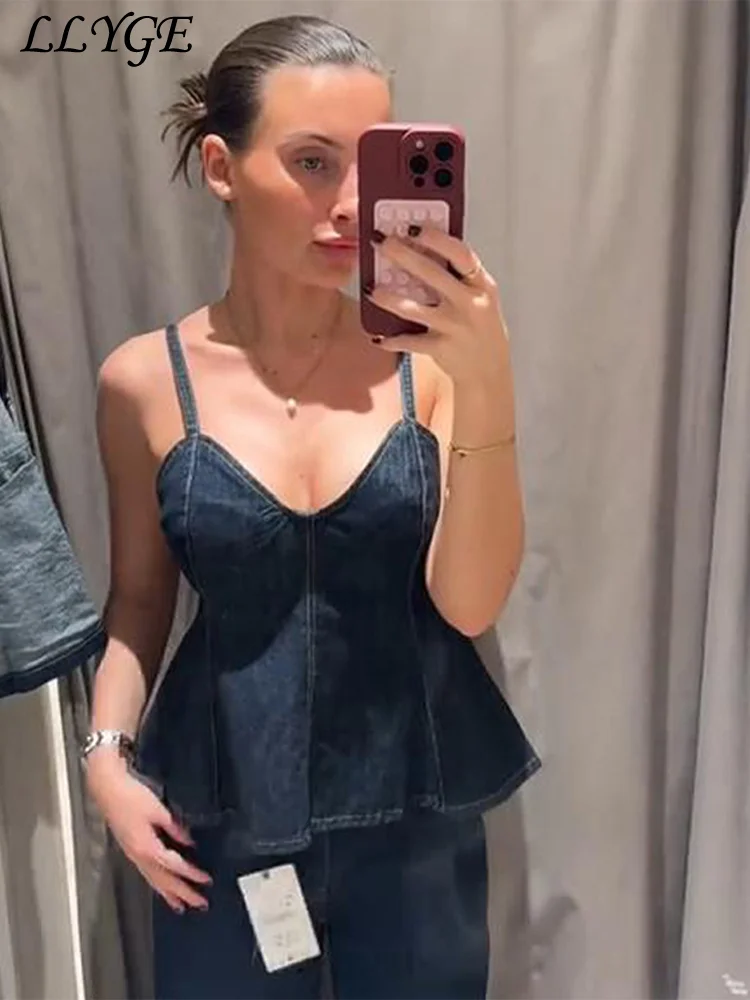 

Sexy Women's Ruffle Denim Sling Vest Slim Sleeveless Backless Zipper Female Vests 2025 Summer Lady Casual All-match Streetwear
