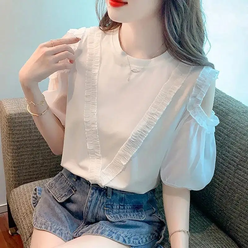 Women\'s 2024 Summer New Pullover Round Neck Fashion Solid Color Loose and Slim Lace Panel Off Shoulder Short Sleeve T-shirt Top