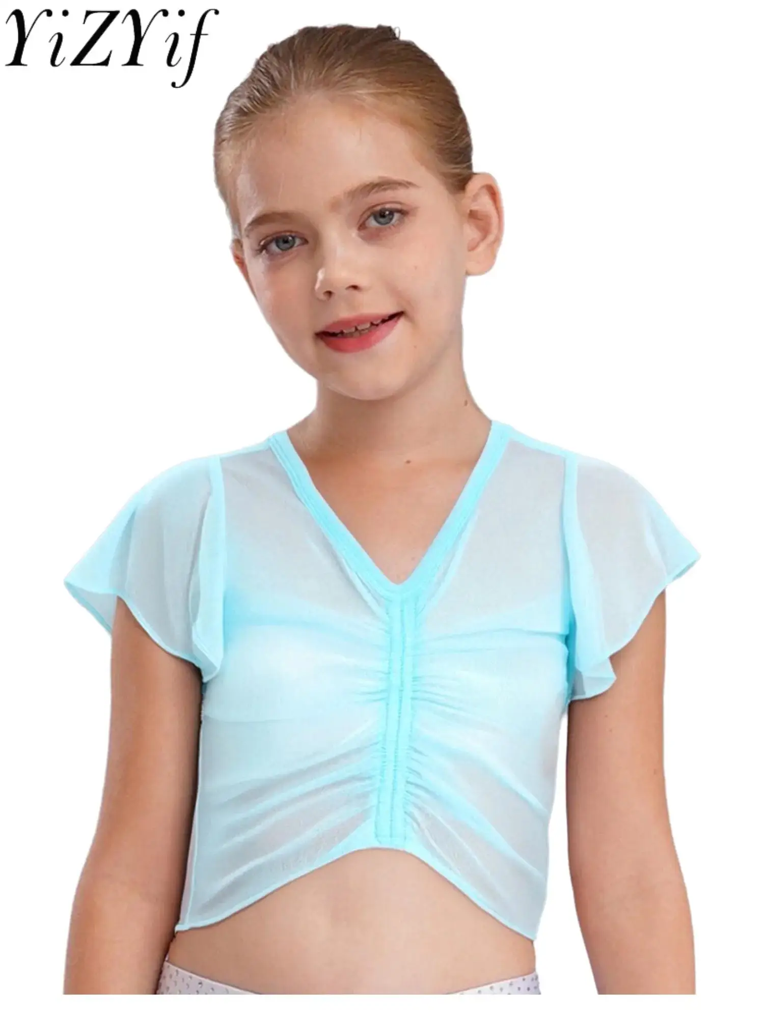 

#110-150 Kids Girls Ballet Practice Warm Up Tops Sheer Mesh Dance Tops V-Neck Ruffled Sleeves Crop Top Classical Dance Costumes