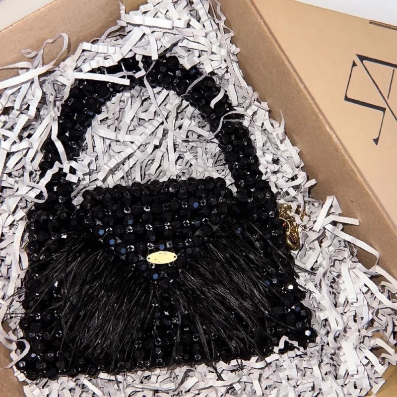 2023 New Handmade Beaded Bag Vintage Personalized Ostrich Hair Weaving Fashion Handbag Hand-woven Acrylic Black Women's Bags