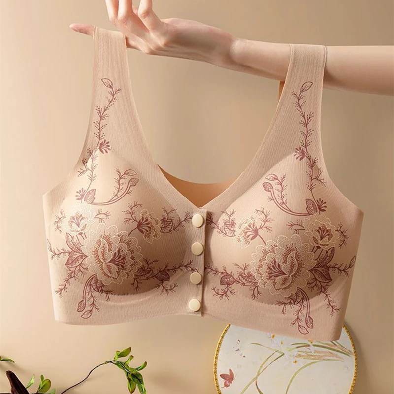 Women's Chinese Style Embroidery Front Closure Wireless Push-Up Bra Sexy Lace Comfortable Brassiere
