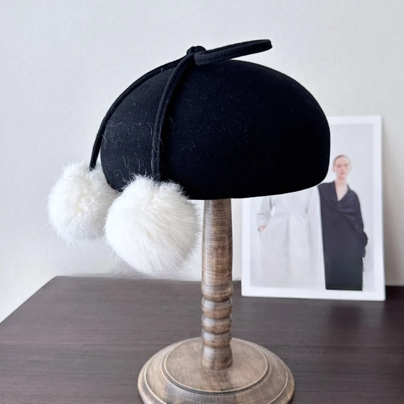 Koreanische Version Ins Süße Schleife Pelzbommel Woll-Baskenmütze Damen Winter Vielseitige Elegante Warme Malermütze Einfarbige Kürbismütze – Detail 4