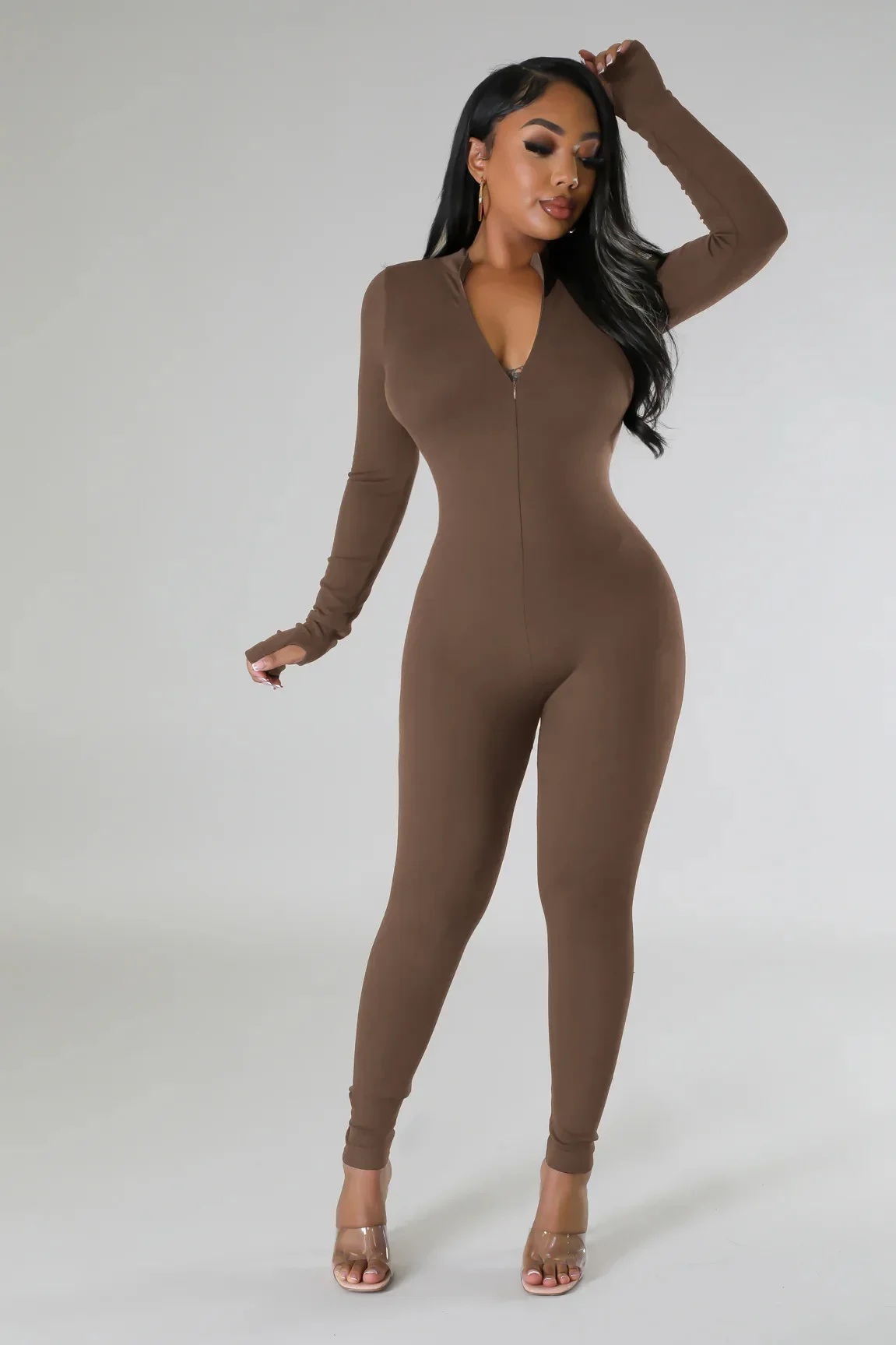 女性ワークアウトジャンプスーツ暖かいフリース長袖ジップフロントアクティブスポーツロンパースワンピース日常生活ナイトクラブパーティー衣装