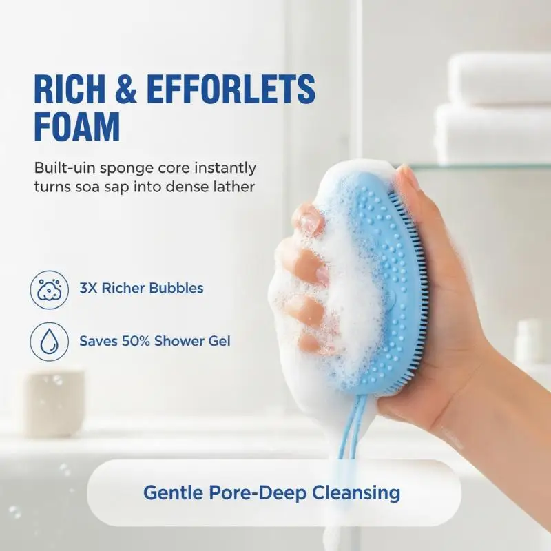 Silicone Bath Shower Brush Soft Massage Bristles Built-in Foam Sponge with Hanging Hole Portable for Travel Home Shower Use