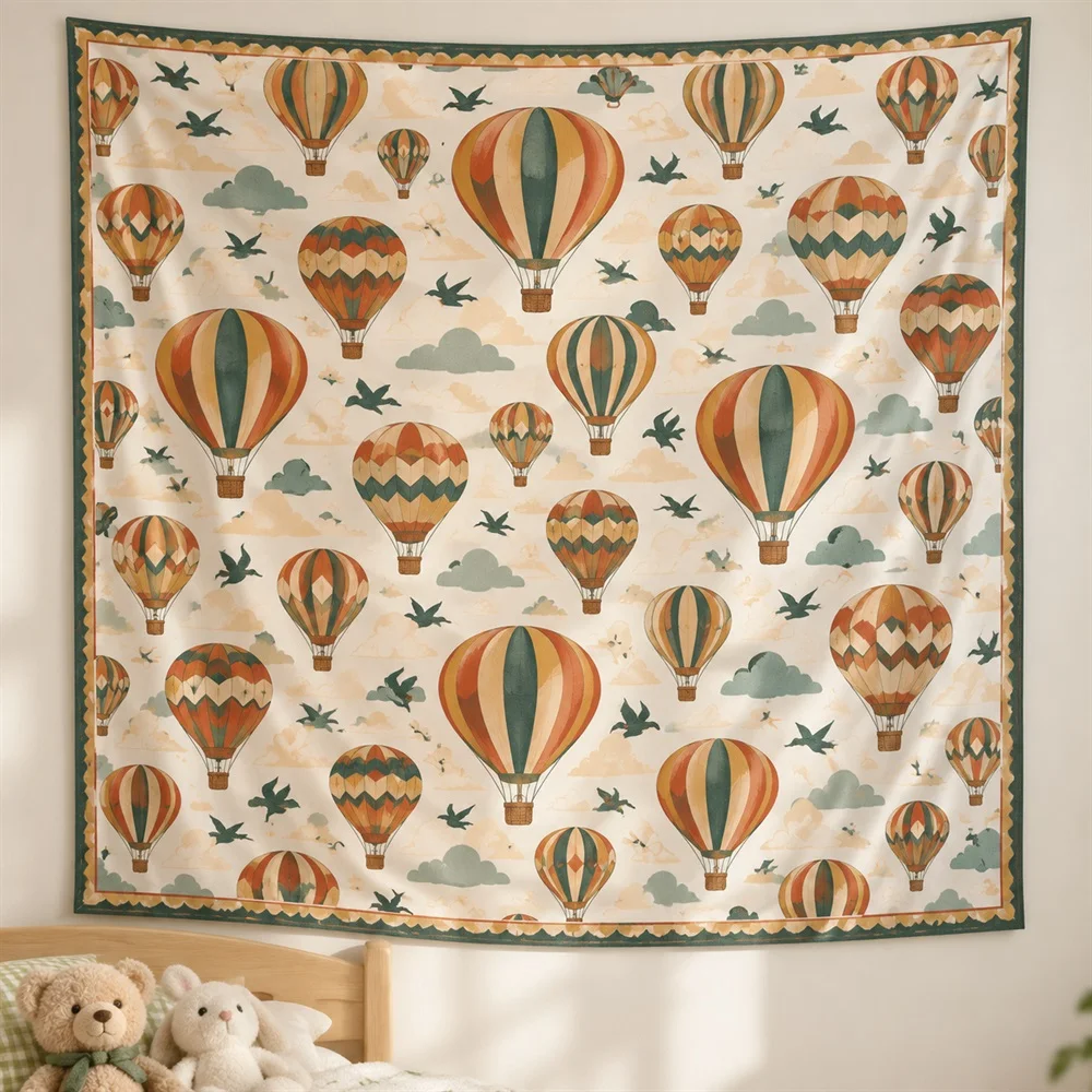 VIKAMA Hot Air Balloons Tapestry Wall Hanging, Whimsical Aesthetic Room Decor Wall Art Tapestries for Nursery Kids Room Bedroom