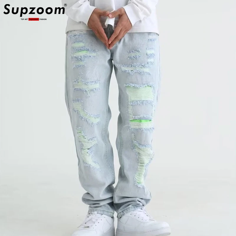 Supzoom New Arrival Top Fashion Autumn Washed Light White Personalized Hole Patch Cloth Casual Denim Solid Hollow Out Jeans 