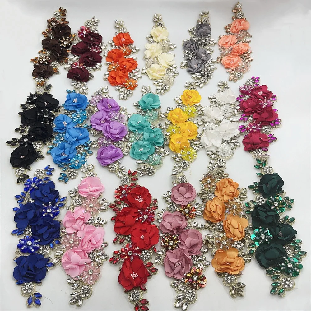1pc Crystal Rhinestone Flower Applique Handsewn Sew-on Patch for Bridal Gown Couture Shoulder Epaulet Decor Sparkling Glass Bead