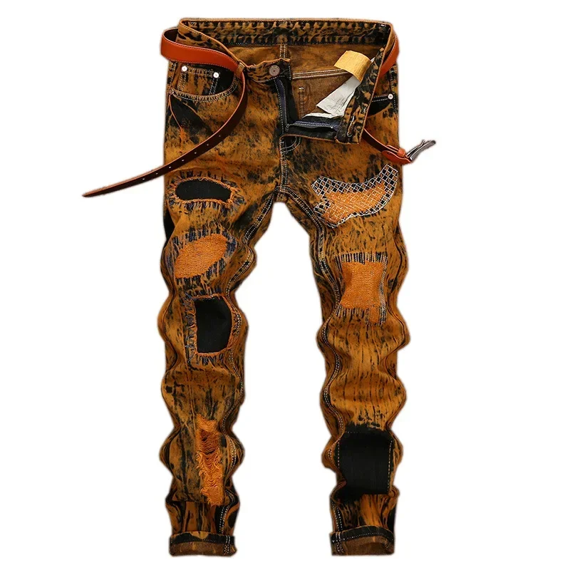 

Streetwear Men's Vintage Jeans Personalized Hole Moto Ripped Patchwork Punk Biker Denim Trousers Male (No Belt)