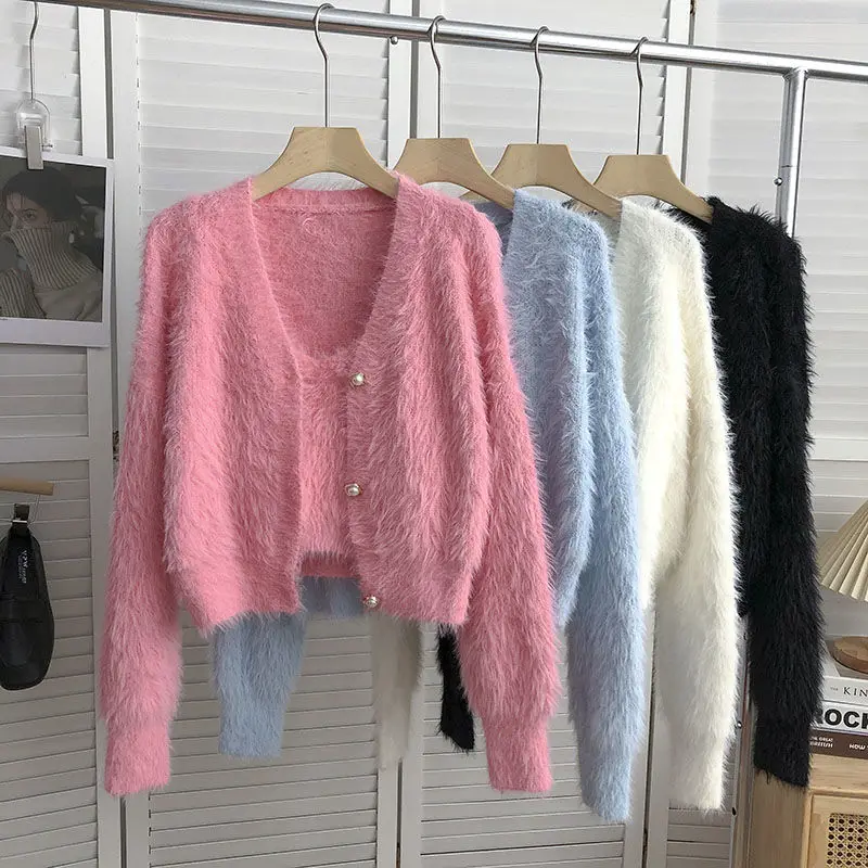 Mink Cashmere Camisole Tops Korean Fashion Fleece Short Pink Cardigan Knitted Coat Pull Sueter White Sweaters for Women 2 Sets