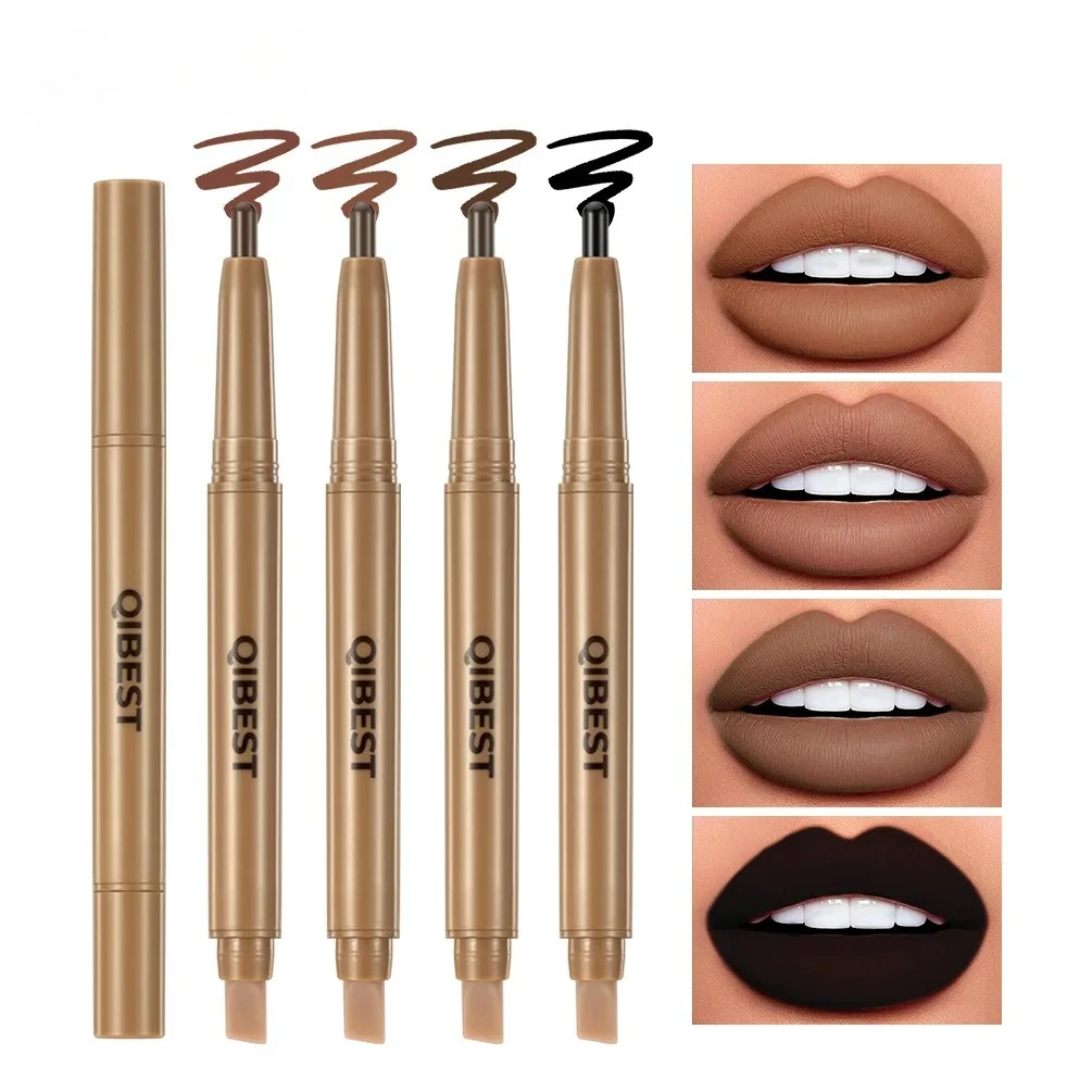 With Silicone Brush Lip Liner Pen Double-head Automatic Silky Soft Coffee Brown Smudging Full Lip Shape Outline Contour Makeup