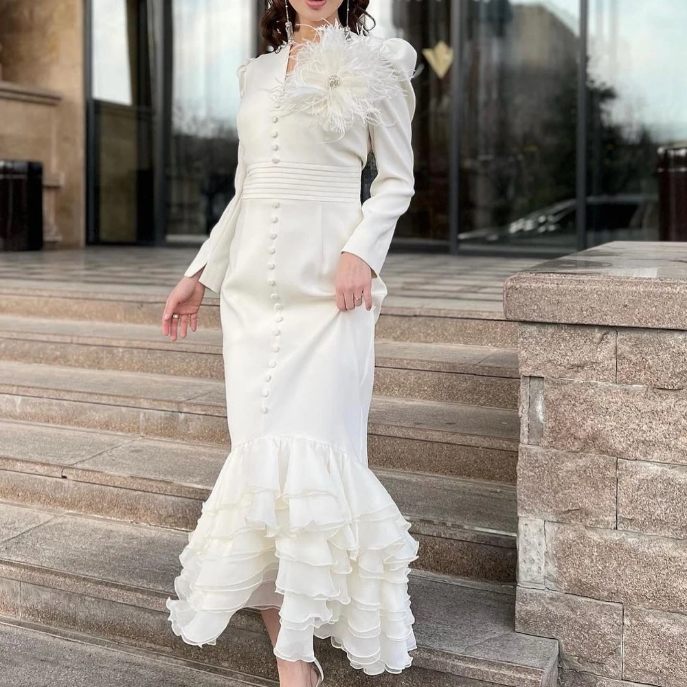 Jiayigong-vestido Midi de satén con botones y plumas, traje drapeado escalonado Formal de sirena con cuello en V, a medida