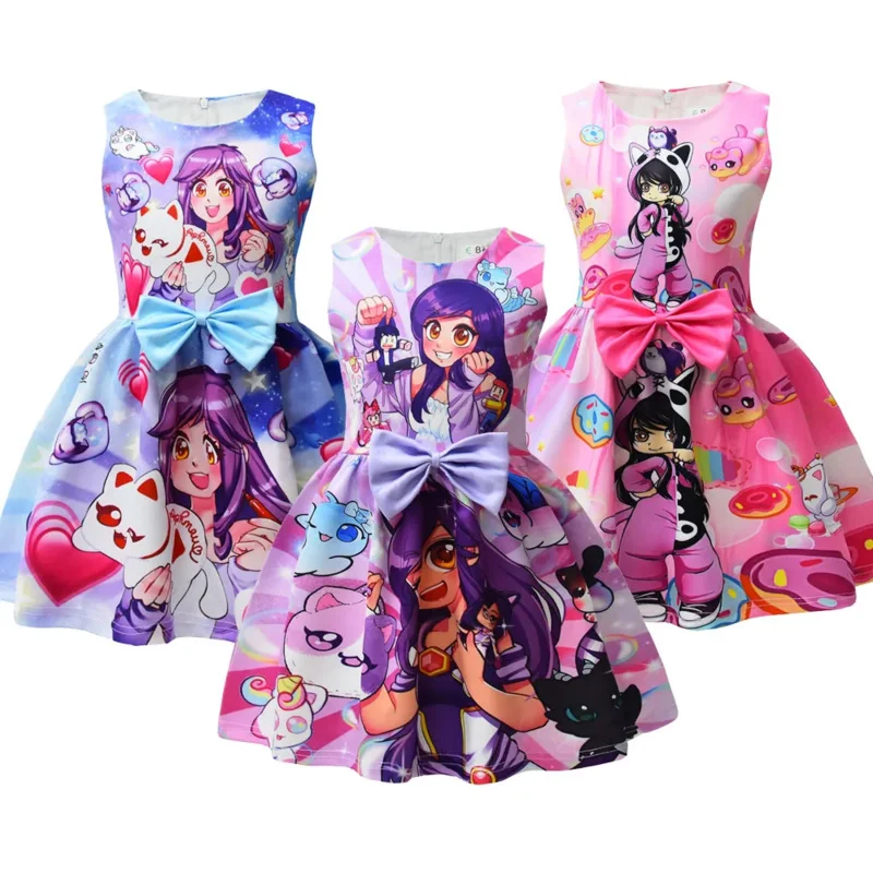 Spel Aphmau Print Baby Meisjes Giselle Cosplay Prinsessenjurk Kids Verjaardag Kerstfeest Kostuum Zomer Kleding Strik Zonnejurk