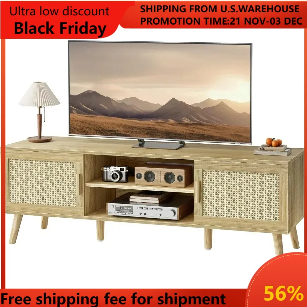 

Boho TV Stand for 55 Inch TV, Entertainment Center with Adjustable Shelf, Rattan TV Console with 2 Cabinets, Media Console