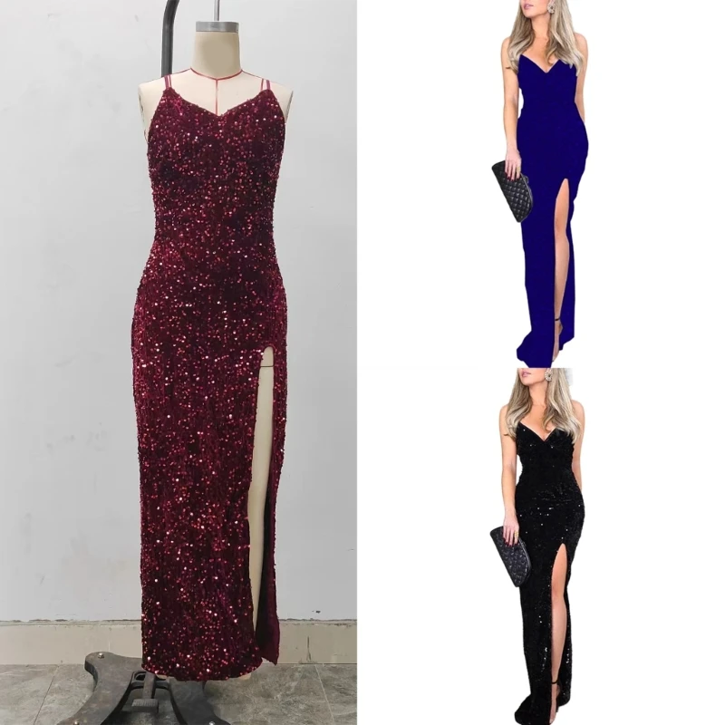 Robe de soirée à paillettes scintillantes pour femme, bretelles spaghetti, dos nu, fente latérale haute, batterie, longue, camisole, robe de mariée