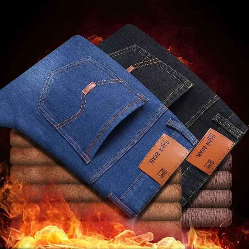 

Новинка 2025, мужские зимние теплые джинсы, мужские утолщенные джинсовые брюки на флисовой подкладке, свободные прямые брюки с защитой от холода, умные повседневные брюки