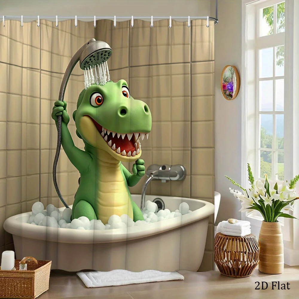 1pc Dinosaur Bathtub Shower Curtain Green Scaly Skin Soapy Bubbles Vintage Showerhead 12 Hooks 70x70 Inch