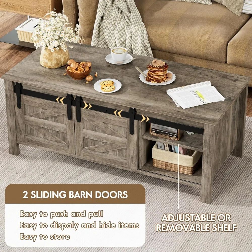 Farmhouse Coffee Table with Storage & Sliding Barn Doors, Modern Rustic Living Room Table with Adjustable Shelves