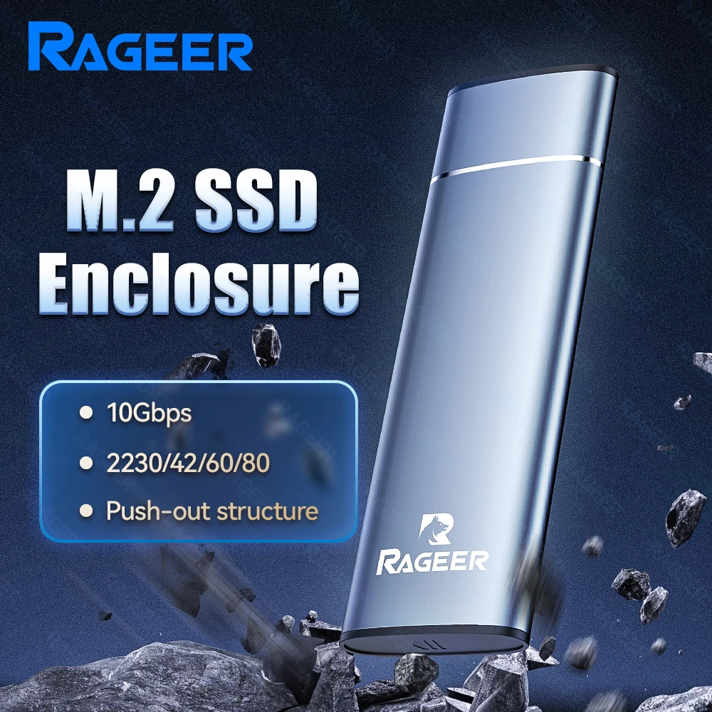 RAGEER aluminium M.2 NVME SSD mobiele harde schijfbehuizing, USB 3.2 Gen 2 10 Gbps naar NVME M-Key/(B+M) Key SSD-behuizing, Push-Pull