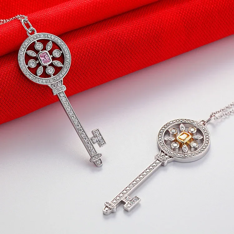 Solid 14K White Gold AU585 Platinum PT950 Long Sweater Chain Key Necklace Micro Diamond Moissan Diamonds