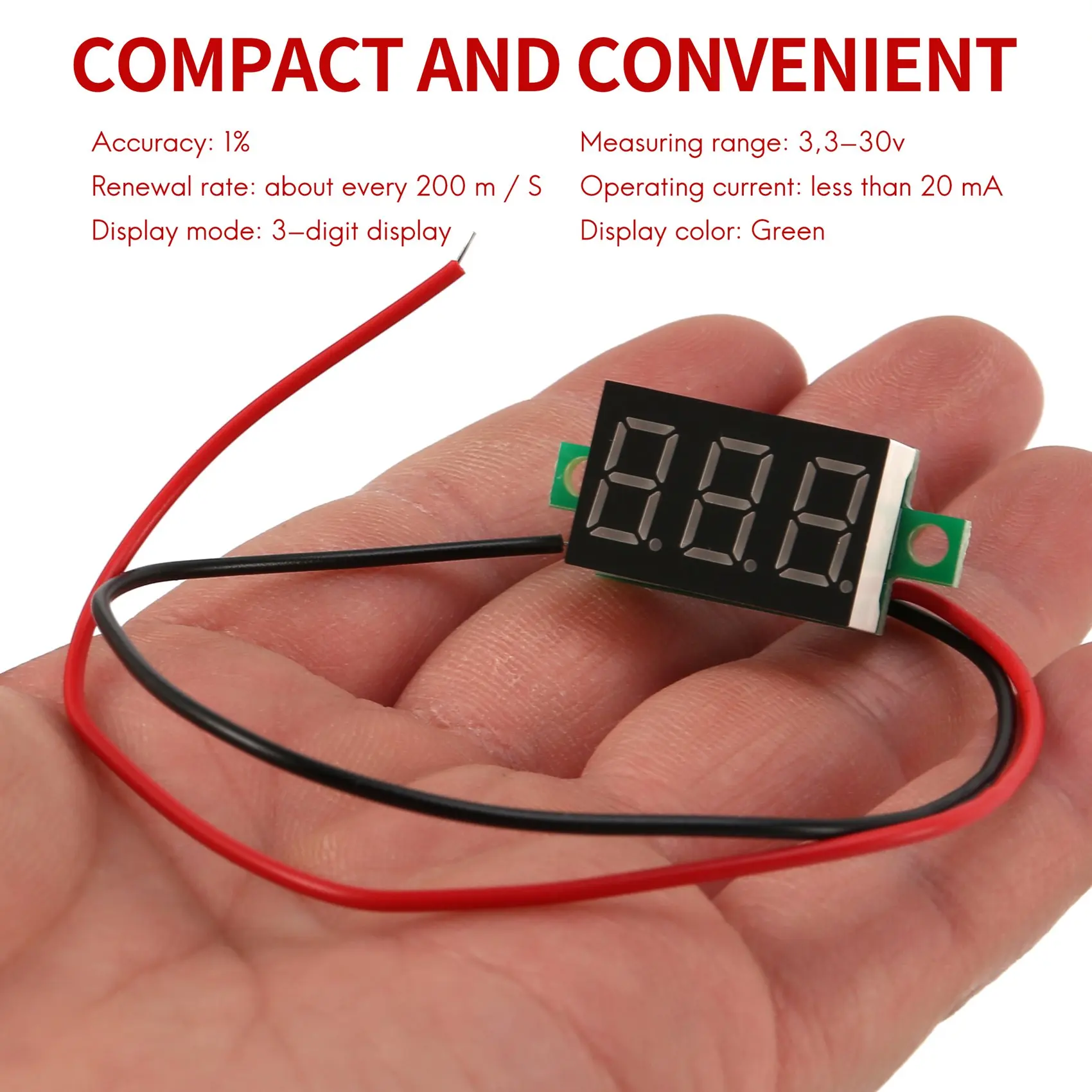 A06M-Mini Digital Voltmeter LED Voltage Display Panel Meter 3.3-30V Green LED