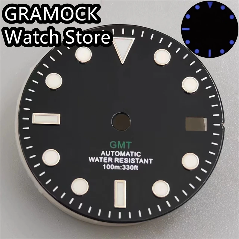 GRAMOCK 29mm Glossy Watch Dial Blue/Green Luminous With Green Red Blue Orange GMT Text Fit NH34 Movement