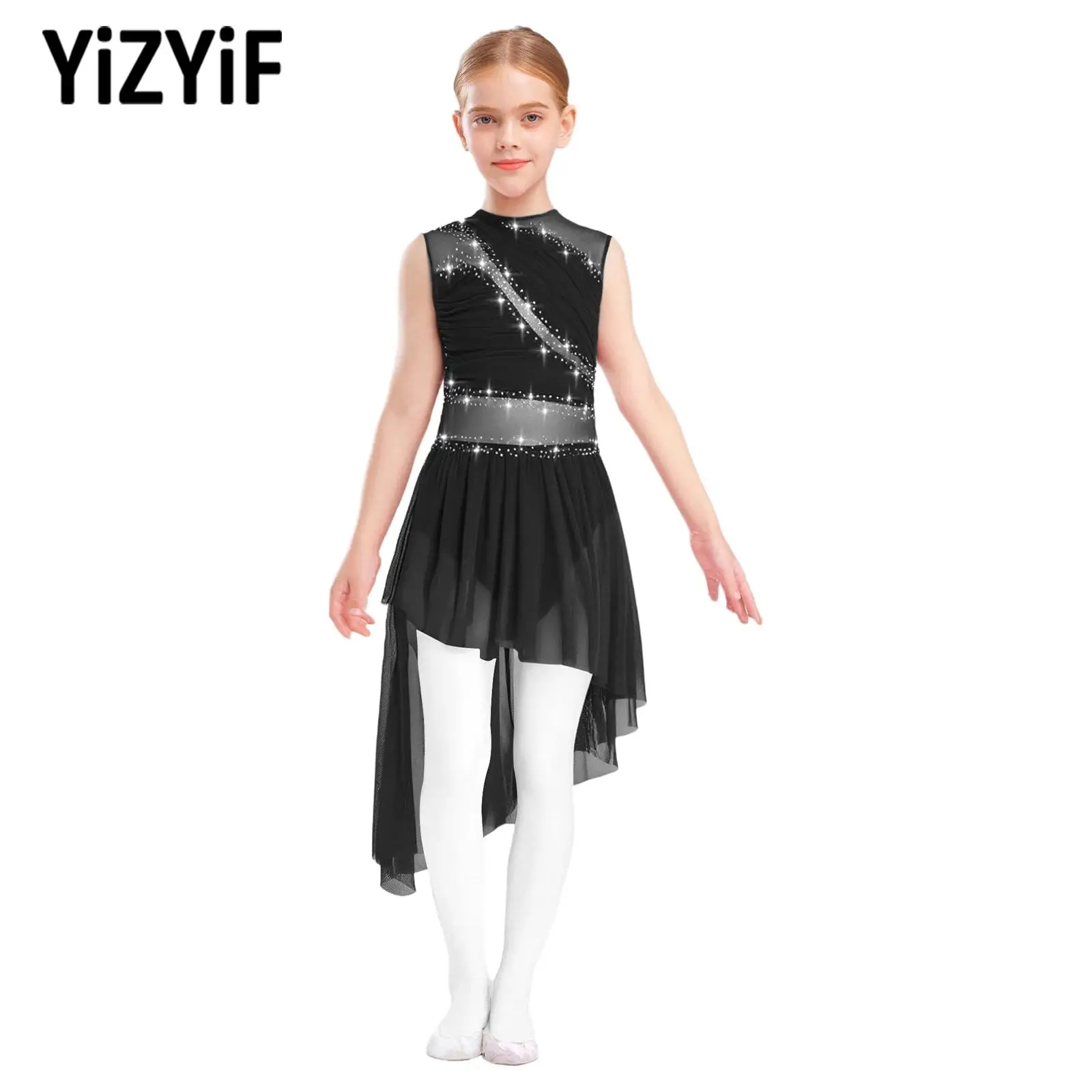 

Sleeveless Figure Skating Dance Costume for Girls Rhinestone Mesh Leotards Kids Performance Ballet Lyrical Modern Dance Clothes