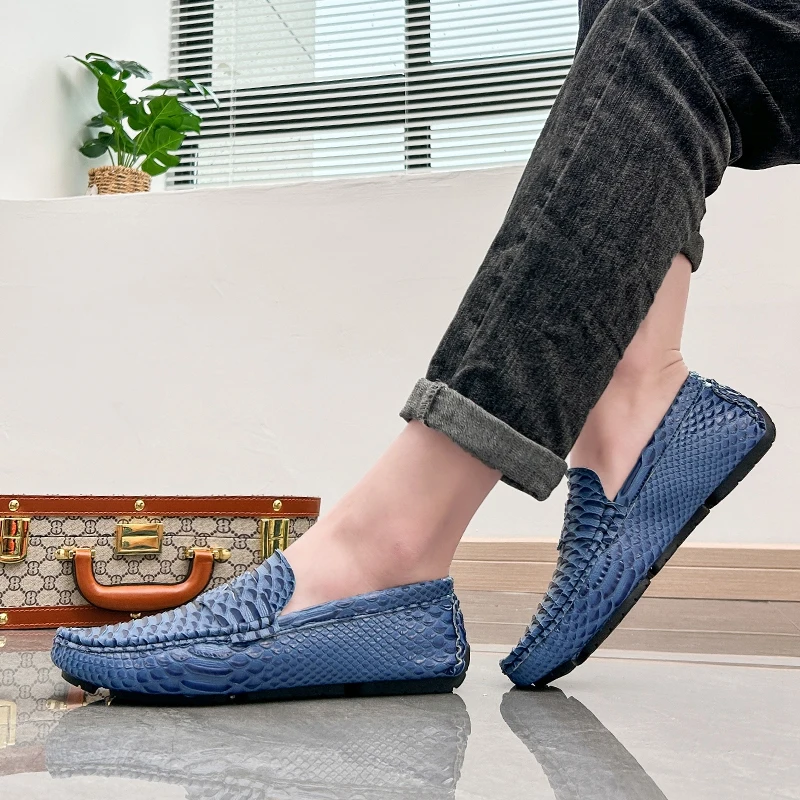 Men White Snake Pattern Loafers Penny Slip On Driving Shoes Casual Business Moccasins Breathable Male Footwear