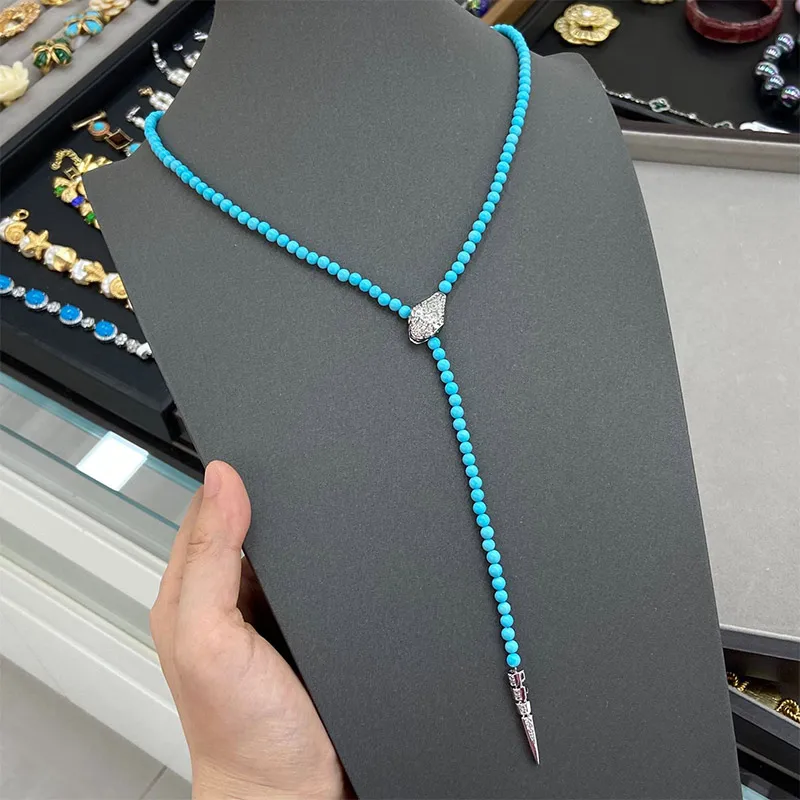 Vintage Turquoise Snake Necklace Set New Chinese Style Long Pendant Chain Light Luxury Retro Earrings & Necklace for Women