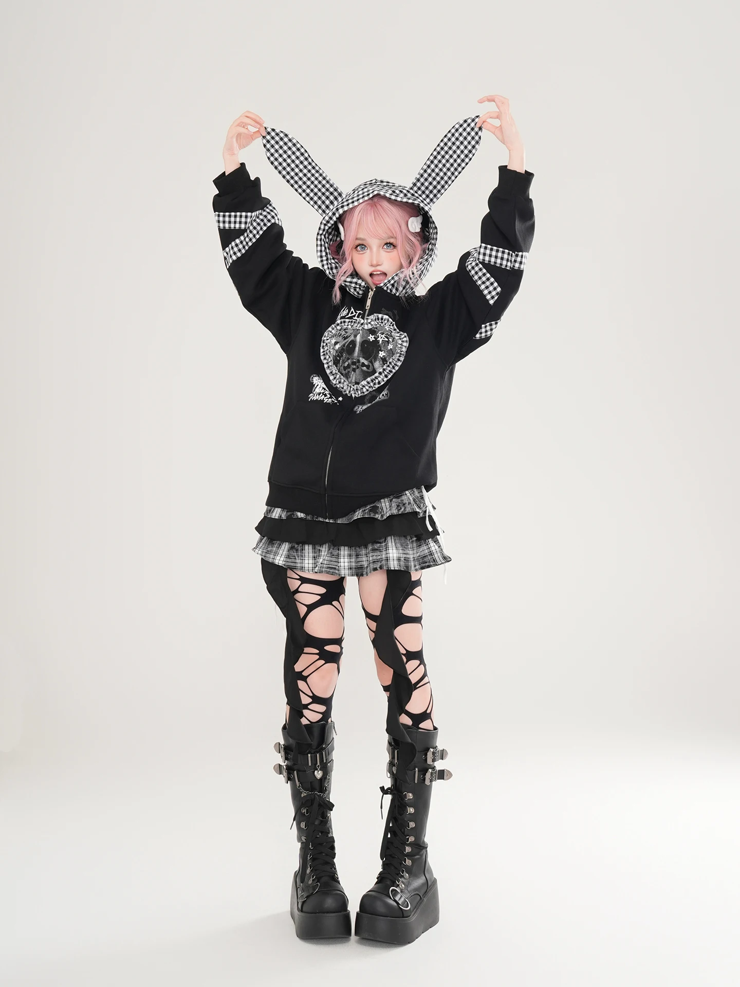 Japanese Subculture Sweet Cool Lace Plaid Rabbit Ear Hooded Graffiti Print Loose Versatile Casual Sweatshirt Jacket Women Autumn