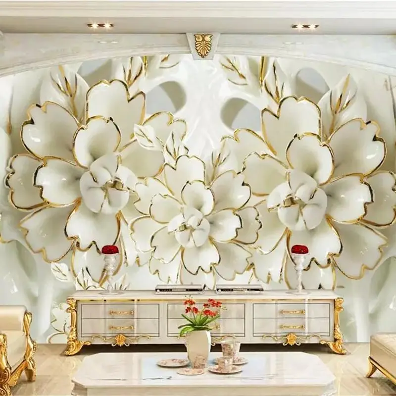 beibehang Custom wallpaper 3d flower open rich white porcelain gold embossed 5d background wall papers home decor 8d wallpaper