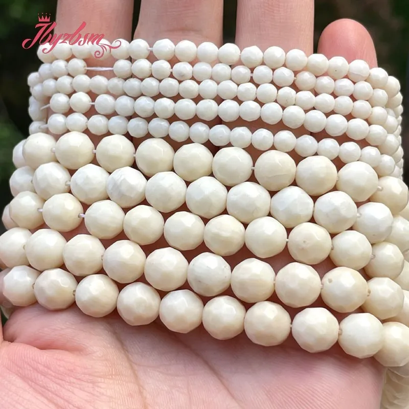 Free Shipping Natural White Coral Faceted Round Stone Beads Loose For DIY Necklace Bracelets Jewelry Making Strand 15\