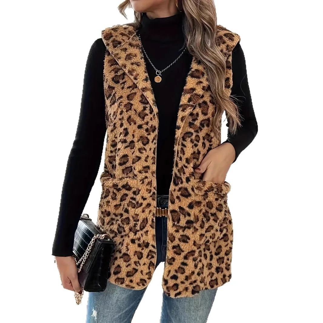 Casual Women's Autumn Winter Leopard Print Double-sided Fleece Vest Jacket