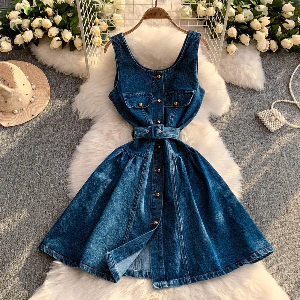 

Summer Mini Denim Dress Women Fashion A-Line Sleeveless O-Neck Single Breasted Short Dresses Party Club Jean Frocks Streetwear