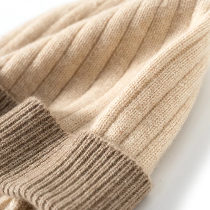 100% Cashmere Women  Splicing Colors Knitted New Autumn And Winter Hat Girls Solid Color Warm  Fashion Caps Casual And Soft Caps