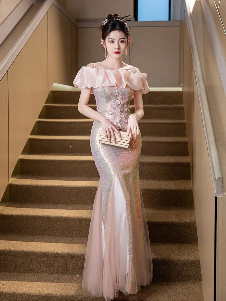 One-shoulder light luxury niche toasting banquet high-end custom-made pink sequined host dress
