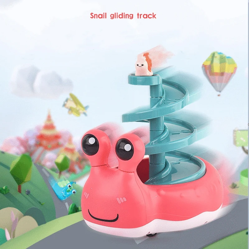 Creative Children Cute Snail Shape Glider Rail Car Rotating Inertial Car Slide Toy with Track Toy Kids Gift Set Red