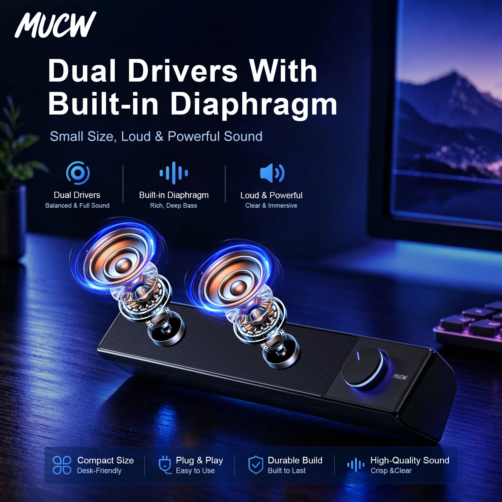 MUCW MU‑C12 Wired Computer Soundbar 6W Stereo Desktop Speaker USB Powered 3.5mm AUX Input Sound Bar For Laptop Monitor PC Office Home view 3