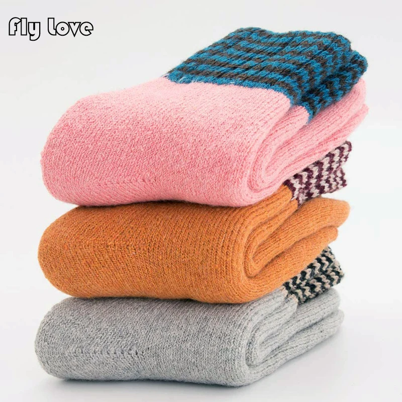 3 Pairs Winter Women Wool Socks Striped Super Thick Against Cold Snow Terry Warm Cozy Cashmere Crew Socks