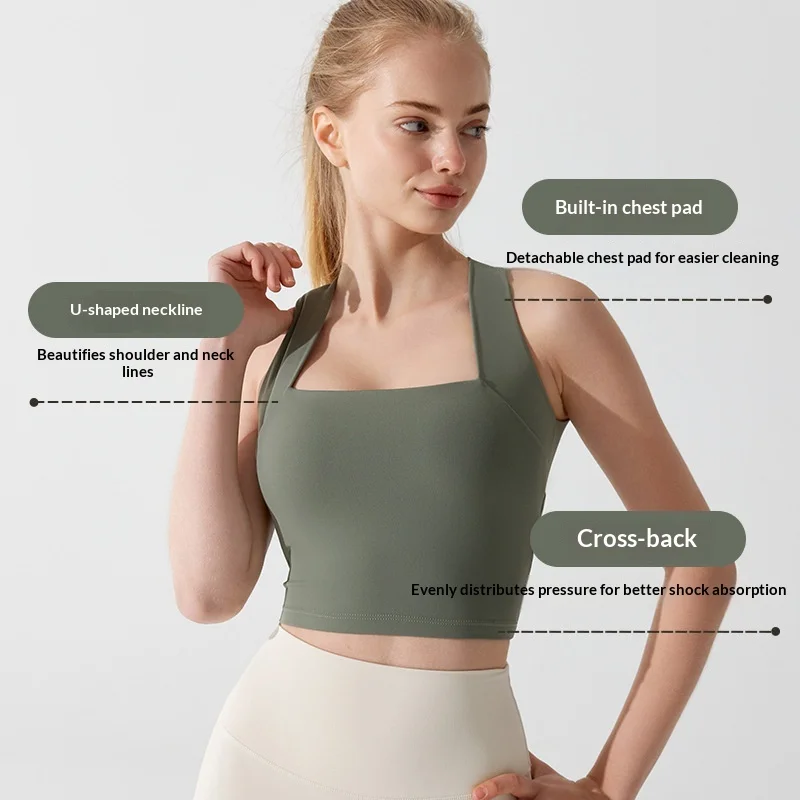 Square Neck Sports Bra for Women, Shock-absorbing Wide Shoulder Straps, Shock-absorbing Running and Fitness Bra, Yoga Vest