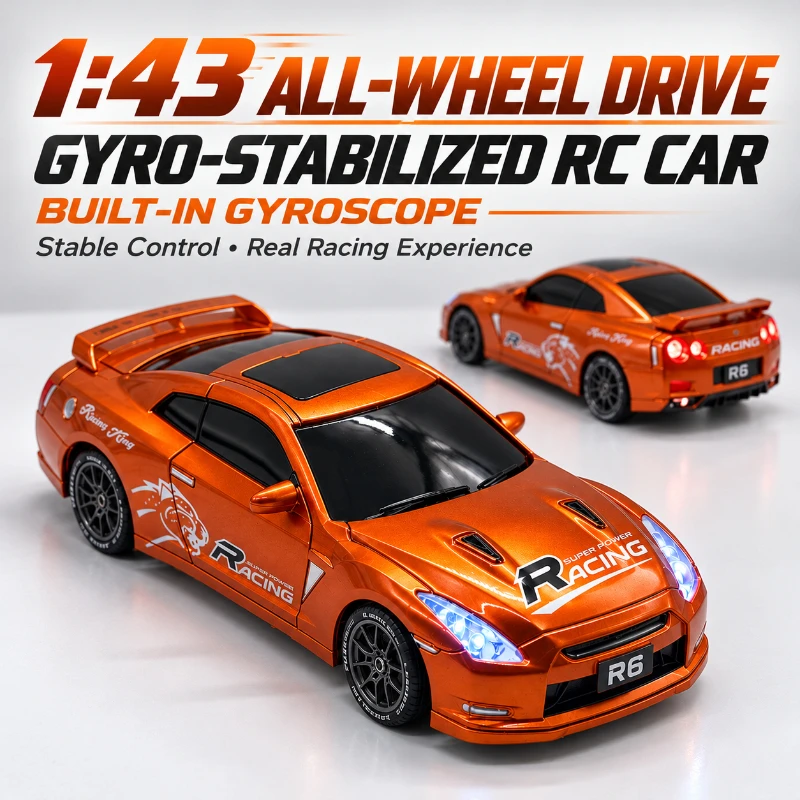 1:43 GTR-Style RC Drift Car, 4WD Mini Racing Car with Built-in Gyroscope, 2.4GHz Full Proportional Remote Control, LED Lights