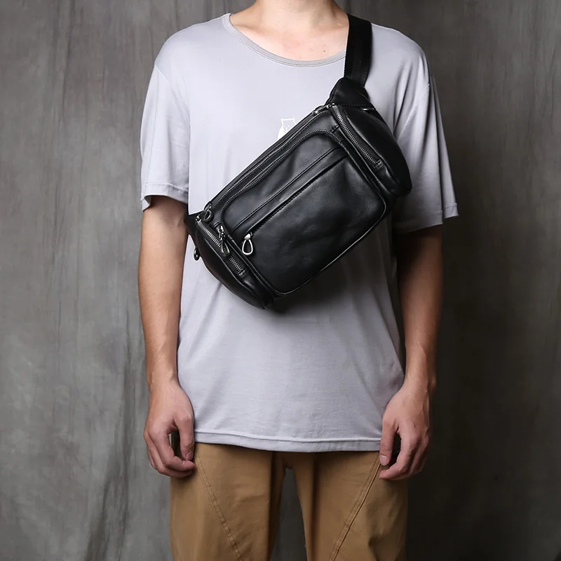 Nzpj Echt leder Herren Brusttasche, Top Layer Rindsleder Umhängetasche, lässige Herren tasche, Outdoor Sport Taillen tasche Tablet Hülle – Detail 3