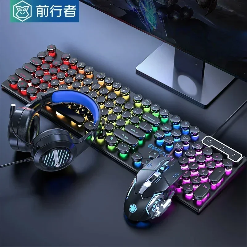 Eweadn GX330 Wired Keyboard Mouse Set ABS Keycaps Retro Punk Gaming Keyboard Mouse Headphones Home Office PC Gamer Laptop Gifts